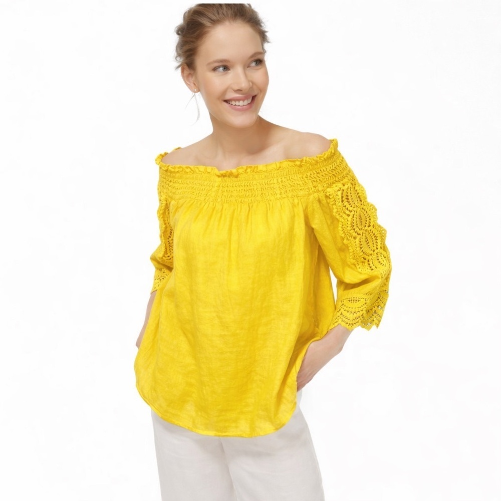 Chico’s 100% Linen Yellow Off Shoulder Crochet Trim Top Sz 2 (Large) Boho Boxy